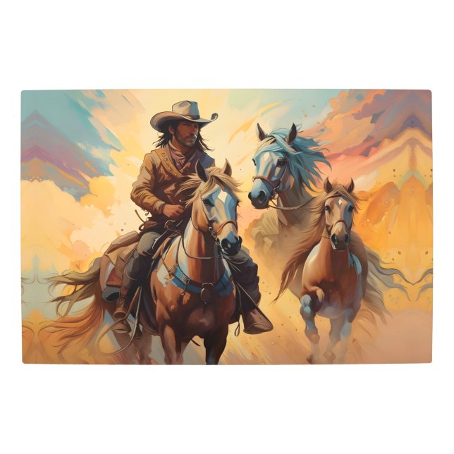 Impresión En Metal Collage azul de Tan de Cowboy Western Horses (Anverso)