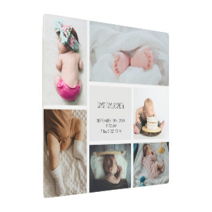 Impresión En Metal Collage de fotos del bebé Keepsake Nombre Fecha de