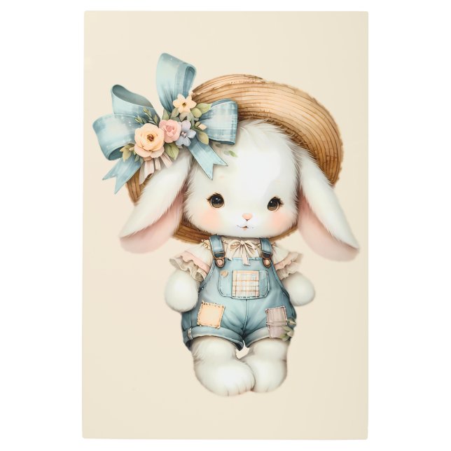 Impresión En Metal Conejito adorable con overol, sombrero de paja y l (Anverso)