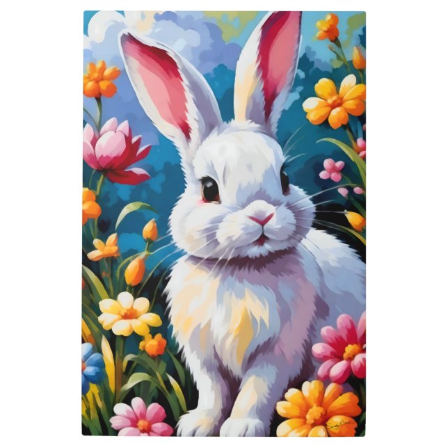 Impresión En Metal Conejo blanco adorable rodeado de flores vibrantes (Anverso)