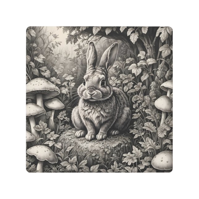 Impresión En Metal Conejo en un jardín de setas (Anverso)