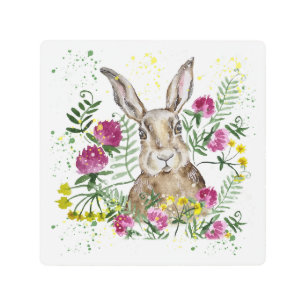 Impresión En Metal Conejo lindo en flores acuarelas