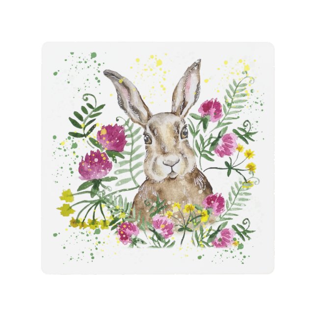 Impresión En Metal Conejo lindo en flores acuarelas (Anverso)