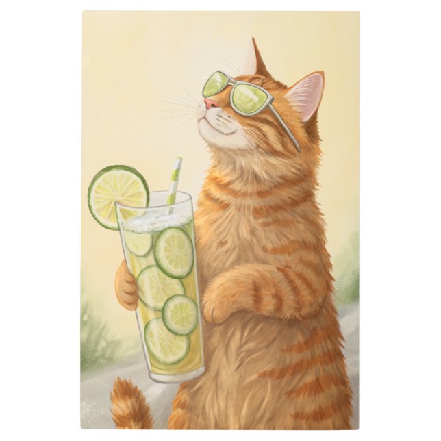 Impresión En Metal Cool Cat with a Citrus: Summer Vibes Illustration (Anverso)