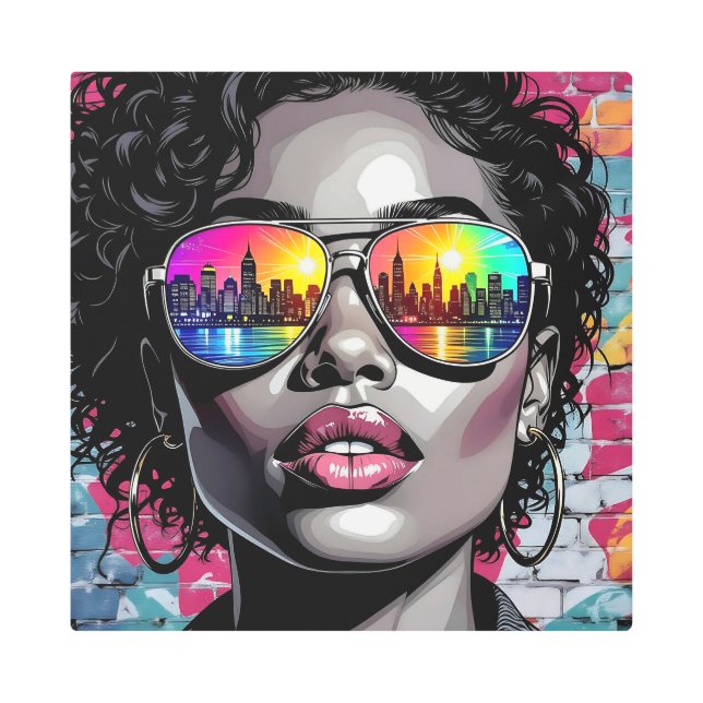 Impresión En Metal Cool Comic Woman in City with Sunglasses (Anverso)