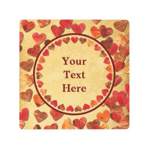 Impresión En Metal Corazones De Hojas De Otoño En Papel Antiguo