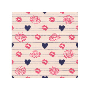 Impresión En Metal Corazones rojos, labios, patrones de margaritas.