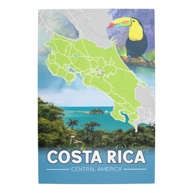 Impresión En Metal Costa Rica Central America Map Jungle Toucan Bird (Anverso)