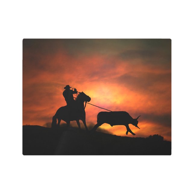 Impresión En Metal Cowboy Roping Art Country Western Red Sunset (Anverso)