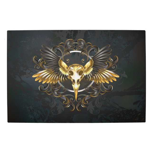 Impresión En Metal Cráneo de pájaro dorado sobre fondo negro (Anverso)