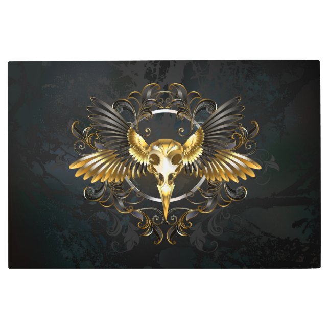 Impresión En Metal Cráneo de pájaro dorado sobre fondo negro (Anverso)