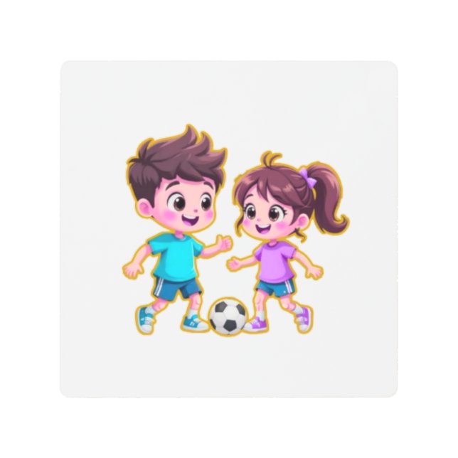 Impresión En Metal Cute Cartoon Boy and Girl Playing Soccer Together  (Anverso)