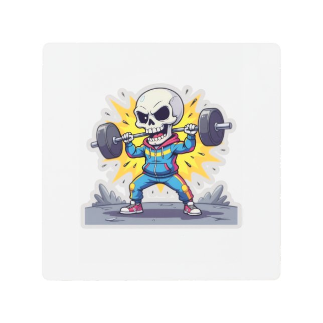 Impresión En Metal “Cute Cartoon Skeleton Weightlifter • Funny Gym Ba (Anverso)