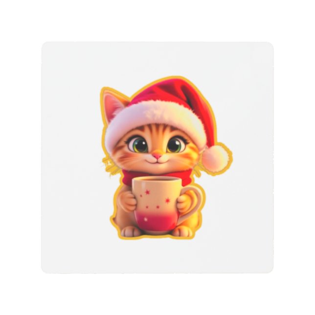 Impresión En Metal **Cute Christmas Cat with Santa Hat – Funny Holida (Anverso)