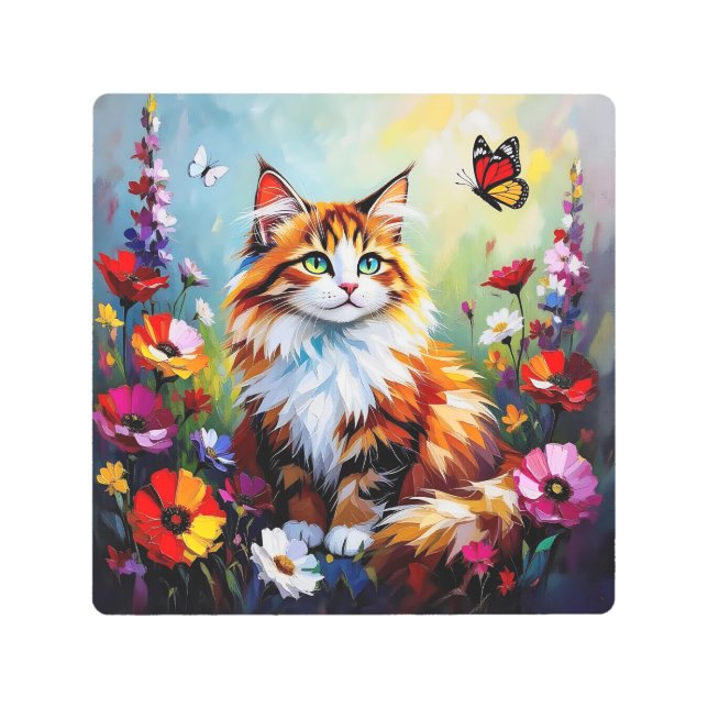 Impresión En Metal Cute Whimsical  Cat, Flowers and Butterflies (Anverso)