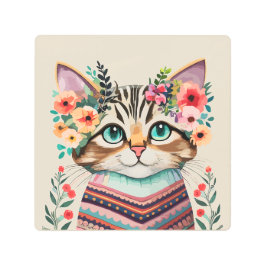 Impresión En Metal Cuto Cat Floral acuarela