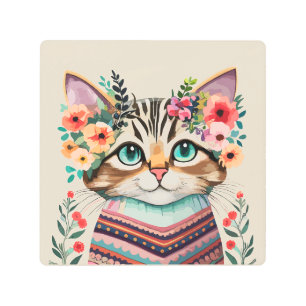 Impresión En Metal Cuto Cat Floral acuarela