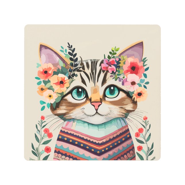 Impresión En Metal Cuto Cat Floral acuarela (Anverso)