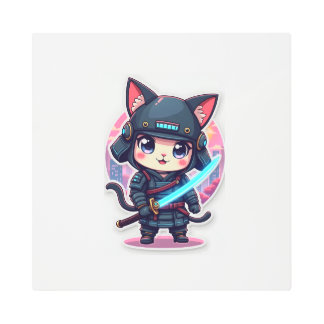 Impresión En Metal Cyber Samurai Cat - Kawaii Chibi Wall Art
