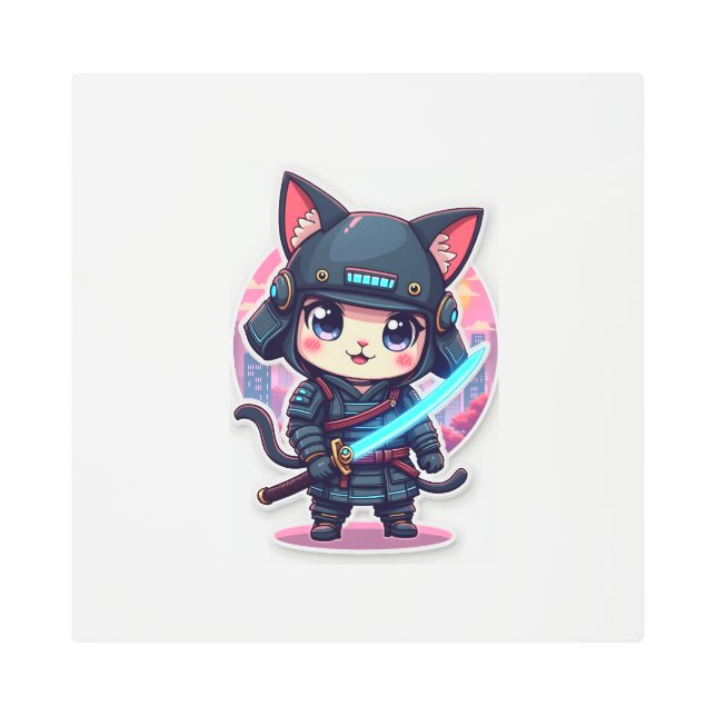 Impresión En Metal Cyber Samurai Cat - Kawaii Chibi Wall Art (Anverso)
