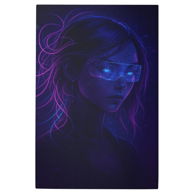 Impresión En Metal Cyberpunk Neon Girl Portrait – Futuristic Sci-Fi (Anverso)