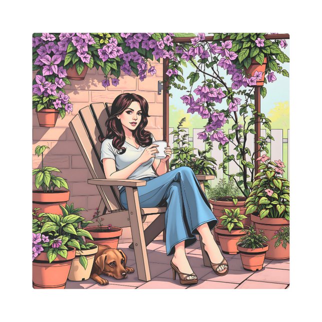 Impresión En Metal Dama de bonito bebiendo café relajándose fuera (Anverso)