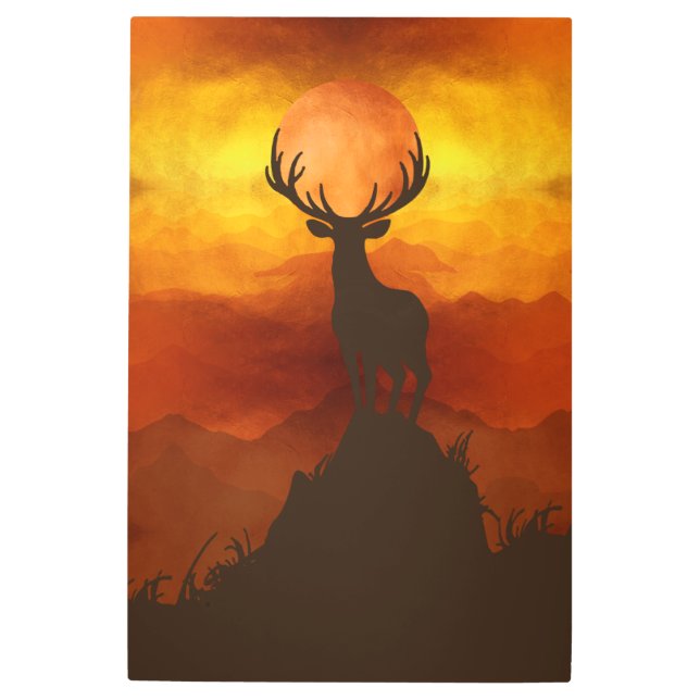 Impresión En Metal Deer Buck sobre la montaña con puesta de sol (Anverso)