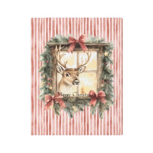 Impresión En Metal Deer in Window Red Stripes Bows Christmas (Anverso)