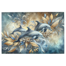 Delfines elegantes con olas doradas florales