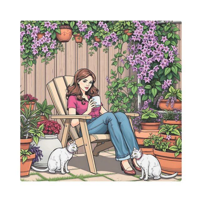 Impresión En Metal Día de relajación | Mujeres con café, gatos y plan (Anverso)