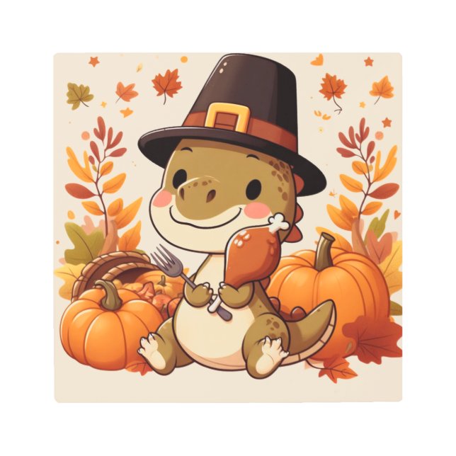 Impresión En Metal Dinosaurio lindo de acción de gracias (Anverso)