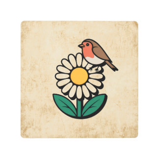Impresión En Metal Diseño de margarita y pájaro