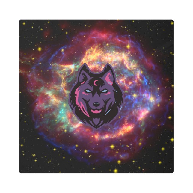 Impresión En Metal Diseño gráfico Wolf, fondo cósmico (Anverso)
