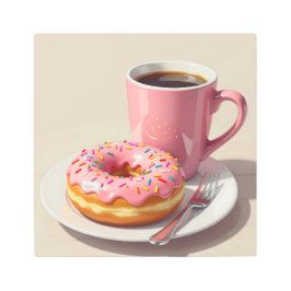 Impresión En Metal Donut y café rosados con escarcha