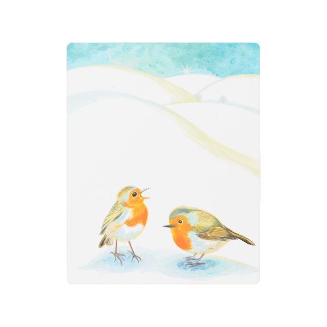 Impresión En Metal Dos pechos rojos Robin en invierno (Anverso)