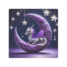 Impresión En Metal Dragón Púrpura Y Blanco Apoyándose En Una Luna Cre