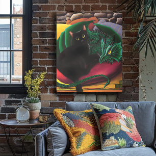 Impresión En Metal Dragón verde de gato negro