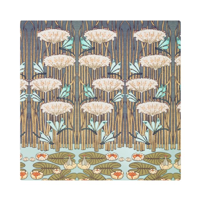 Impresión En Metal Dragonflies Water Lilies Marsh Art Nouveau (Anverso)