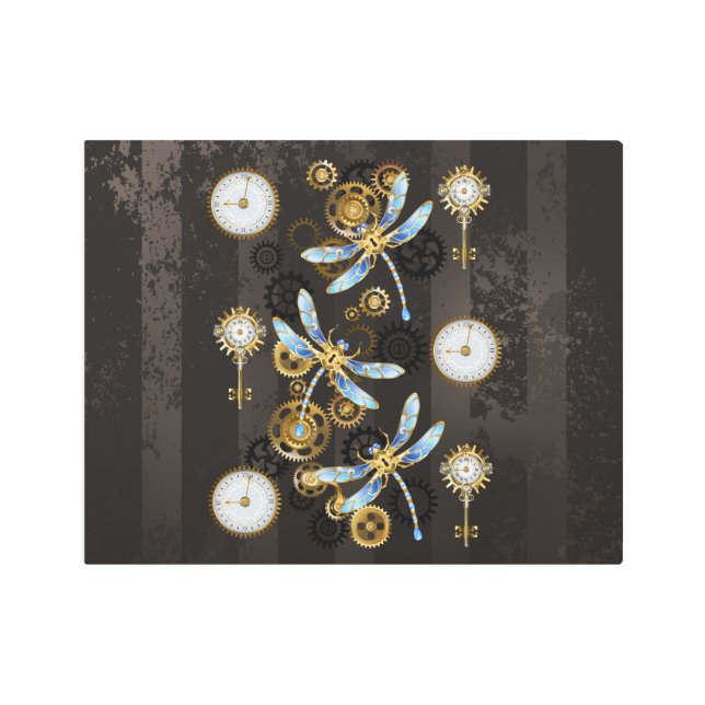 Impresión En Metal Dragoniscos de Steampunk sobre fondo rayado marrón (Anverso)