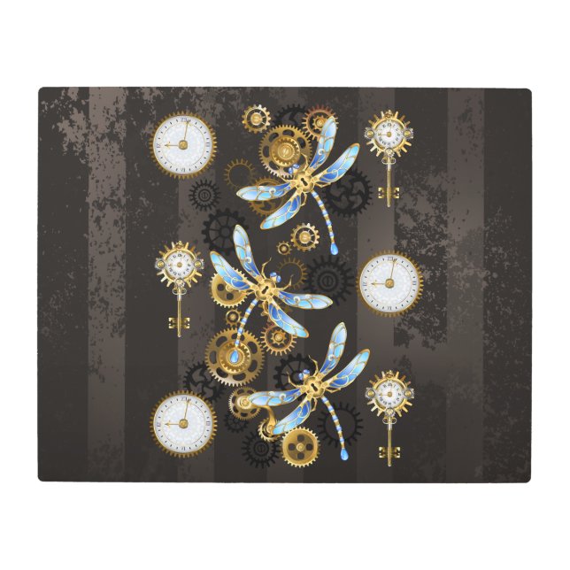 Impresión En Metal Dragoniscos de Steampunk sobre fondo rayado marrón (Anverso)