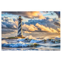 Dramática capa marina de faro con olas de tormenta