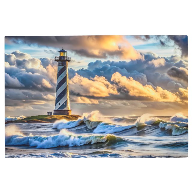 Impresión En Metal Dramática capa marina de faro con olas de tormenta (Anverso)