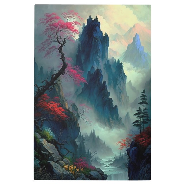 Impresión En Metal Dreamy Misty Mountain Landscape Metalizado Wall Ar (Anverso)