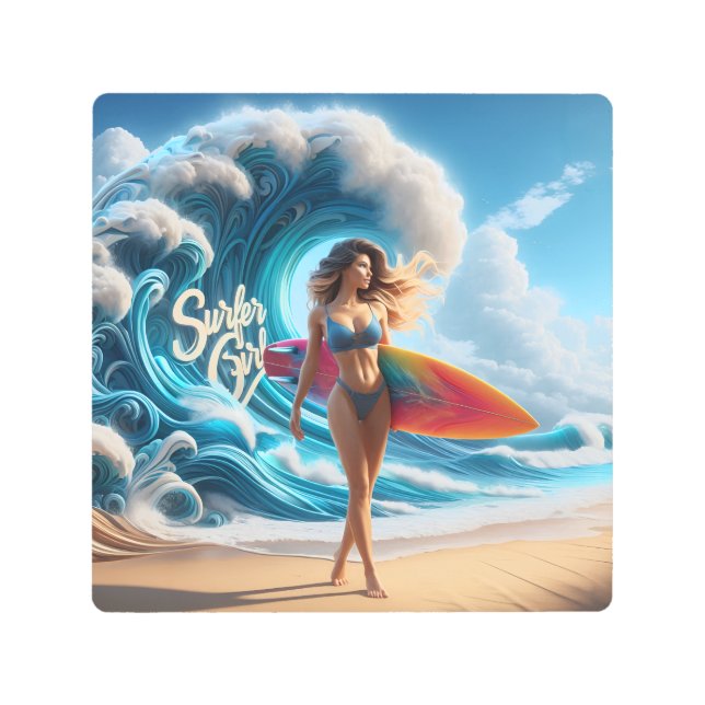Impresión En Metal Dynamic Surfer Girl Walking Beach Waves Art (Anverso)