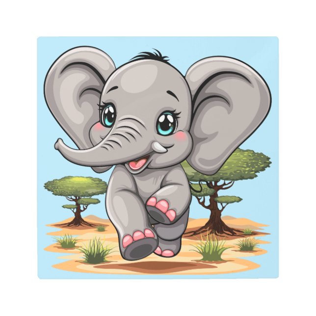 Impresión En Metal El bebé elefante salta feliz en la sabana africana (Anverso)