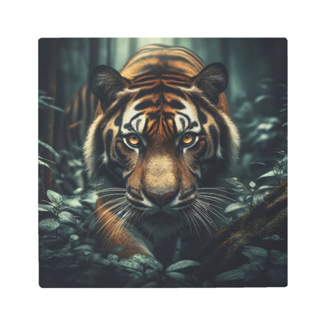 Impresión En Metal El majestuoso tigre en la jungla nublada: Retrato  (Anverso)