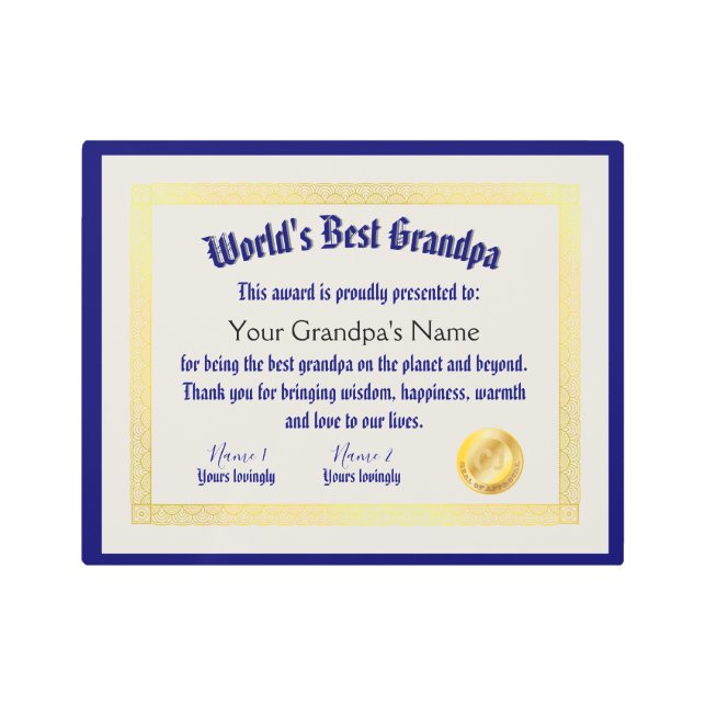 Impresión En Metal El mejor certificado de abuelo de un mundo diverti (Anverso)