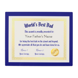 Impresión En Metal El mejor certificado de papá de un mundo gracioso