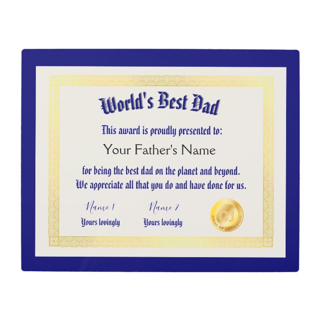 Impresión En Metal El mejor certificado de papá de un mundo gracioso (Anverso)