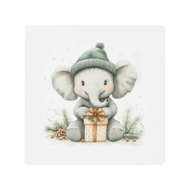 Impresión En Metal Elefante bebé de la serie de Navidades de animales (Anverso)